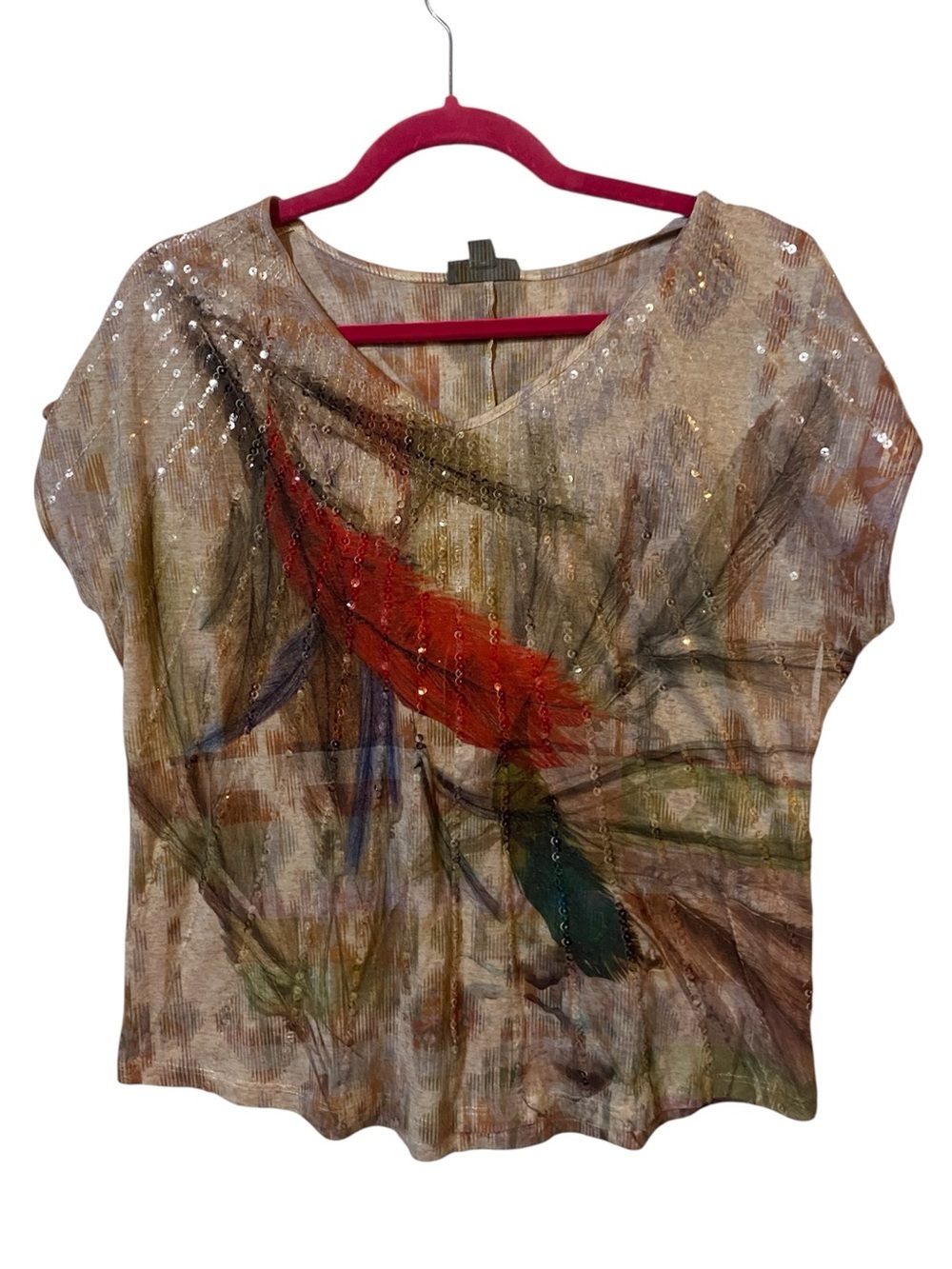 Y2k Roz & Ali Shimmering Sequin Feather Print Top Medium Glam Pixie Indie Grunge